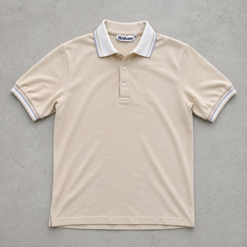 Vintage Wilson Mens Tan Short Sleeve Polo Shirt Beige Striped Collar Size M